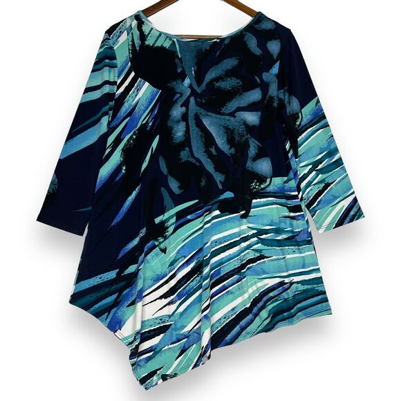 Clara Sun Woo Blouse Top Blue Floral Abstract Asymmetric Hem Tunic Art To Wear S - Picture 2 of 9